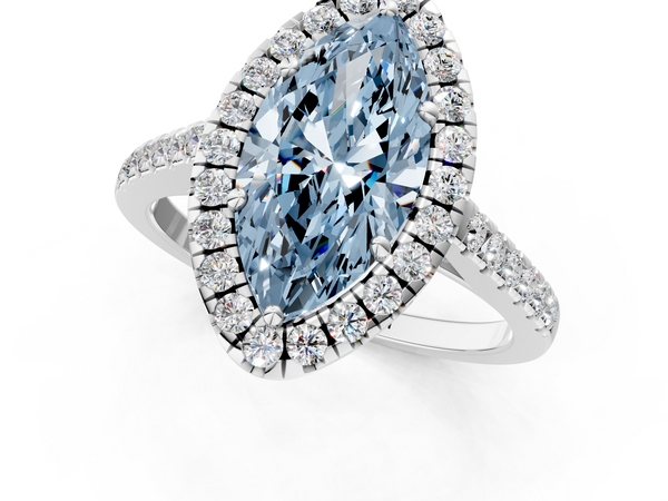 White gold Fancy Blue Marquise  Halo Pavé Diamond Engagement Ring with Four-Prong Setting