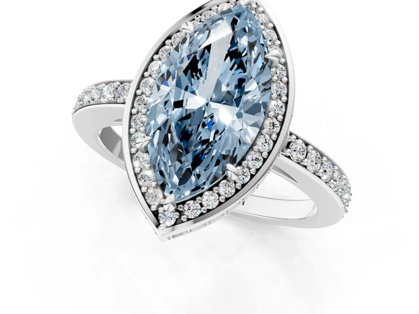 Platinum Fancy Blue Marquise  Halo Pave Band Solitaire Ring with Prong Setting