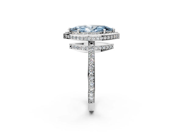 Platinum Fancy Blue Marquise  Halo Pave Band Solitaire Ring with Prong Setting