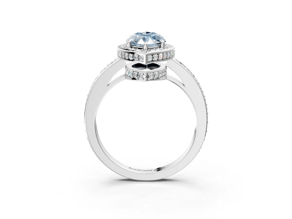 Platinum Fancy Blue Marquise  Halo Pave Band Solitaire Ring with Prong Setting
