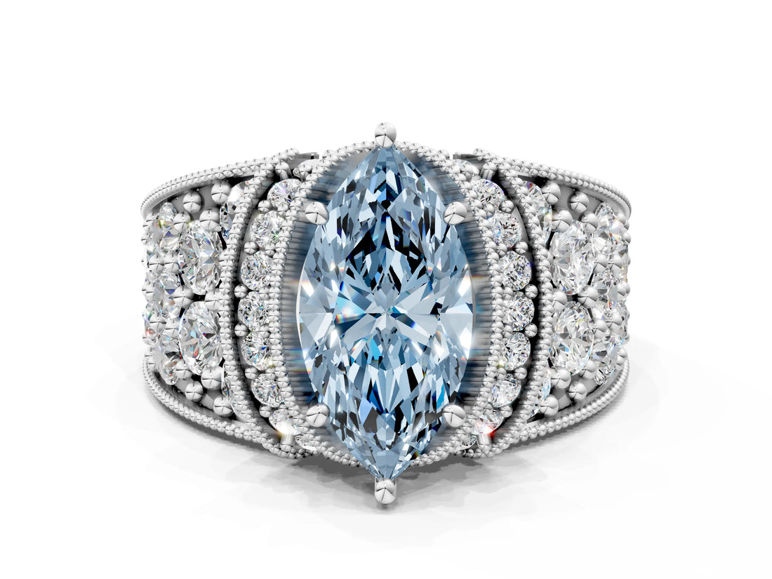 White gold Fancy Blue Marquise  Halo Pave Diamond Engagement Ring with Milgrain Detailing_67