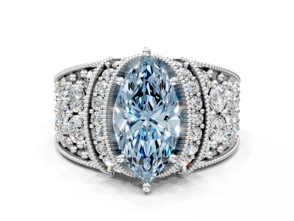 White gold Fancy Blue Marquise  Halo Pave Diamond Engagement Ring with Milgrain Detailing