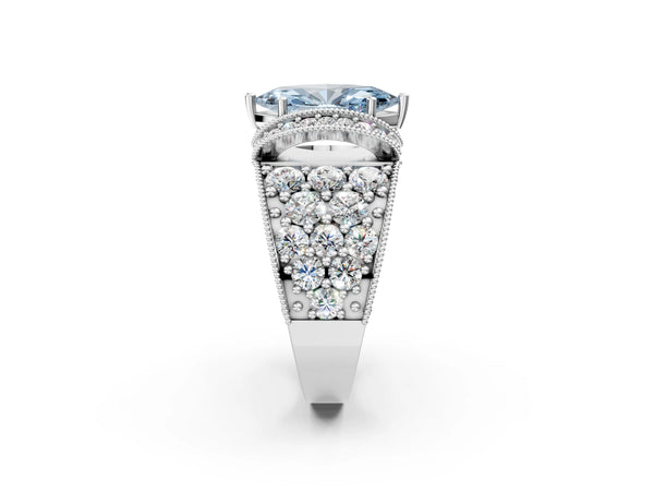 White gold Fancy Blue Marquise  Halo Pave Diamond Engagement Ring with Milgrain Detailing