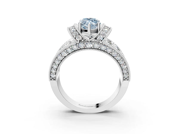White gold Fancy Blue Marquise  Halo Pave Diamond Engagement Ring with Milgrain Detailing