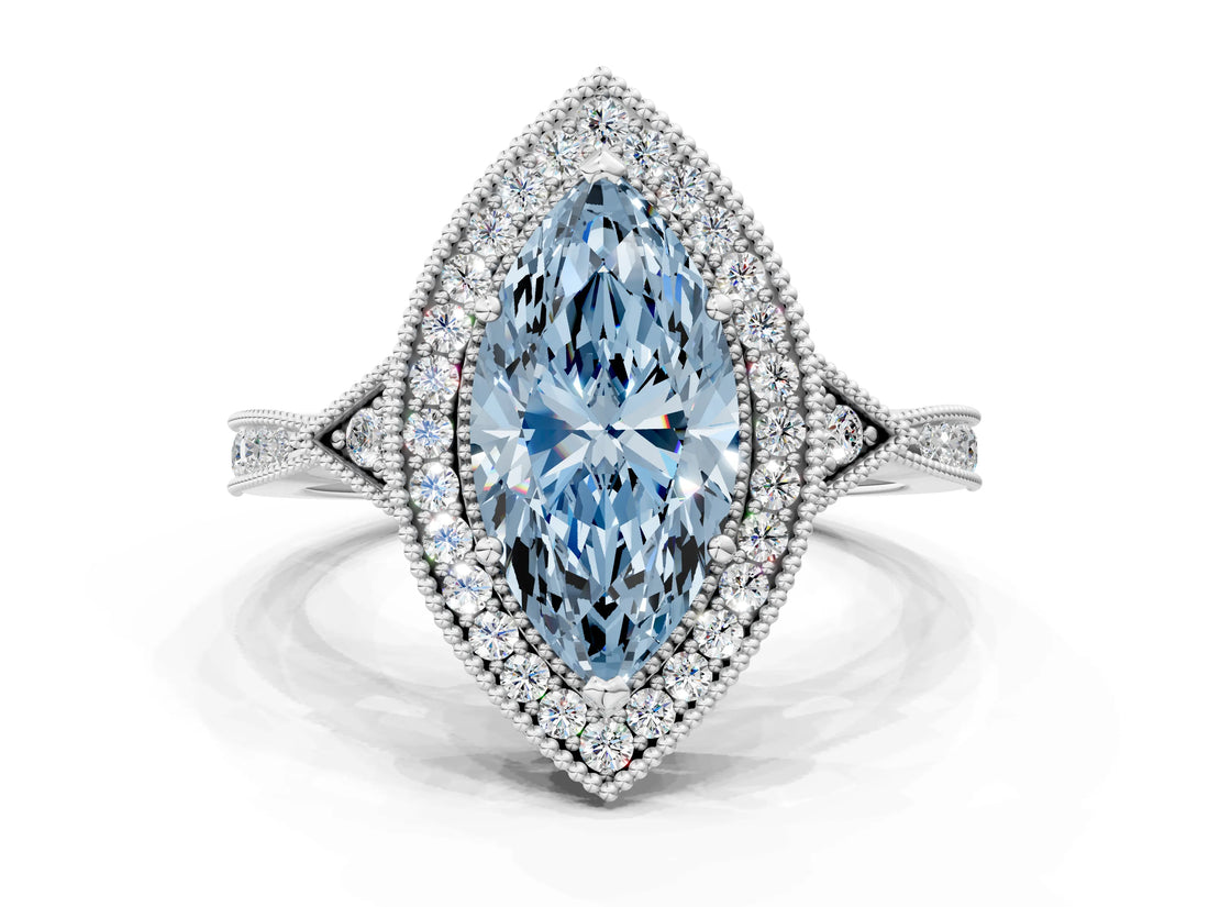 White gold Fancy Blue Marquise  Halo Round Diamond Milgrain Pave Engagement Ring_3