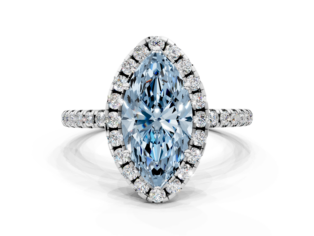 White gold Fancy Blue Marquise  Halo Round Diamond Pavé Band Four-Prong Ring_3