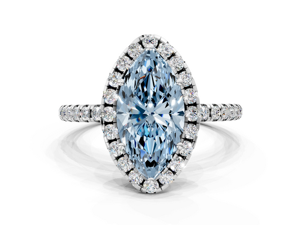 White gold Fancy Blue Marquise  Halo Round Diamond Pavé Band Four-Prong Ring