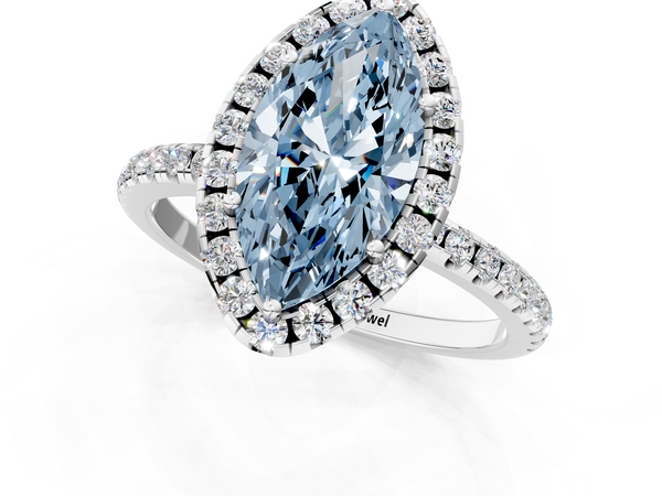 White gold Fancy Blue Marquise  Halo Round Diamond Pavé Band Four-Prong Ring
