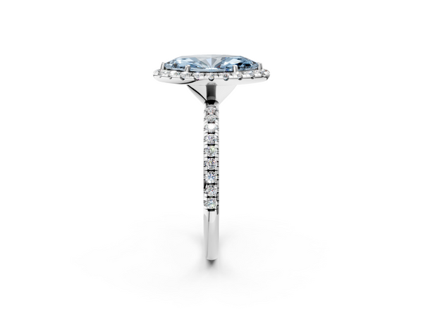 White gold Fancy Blue Marquise  Halo Round Diamond Pavé Band Four-Prong Ring