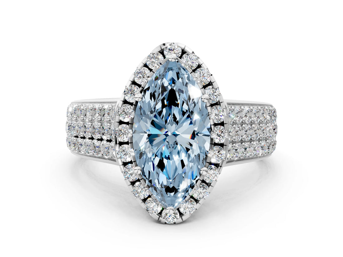 White gold Fancy Blue Marquise  Halo Round Diamond Pave Band with Prong Setting_24