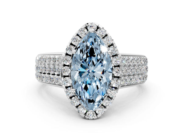 Platinum Fancy Blue Marquise  Halo Round Diamond Pave Band with Prong Setting