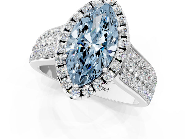 Platinum Fancy Blue Marquise  Halo Round Diamond Pave Band with Prong Setting