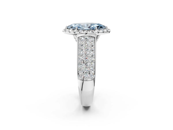 Platinum Fancy Blue Marquise  Halo Round Diamond Pave Band with Prong Setting
