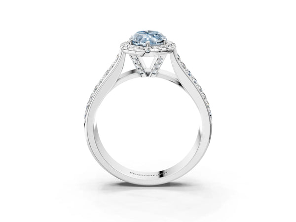 Platinum Fancy Blue Marquise  Halo Round Diamond Pave Band with Prong Setting
