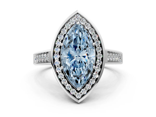 White gold Fancy Blue Marquise  Halo Solitaire Diamond Ring with Pave Band and Bezel Setting