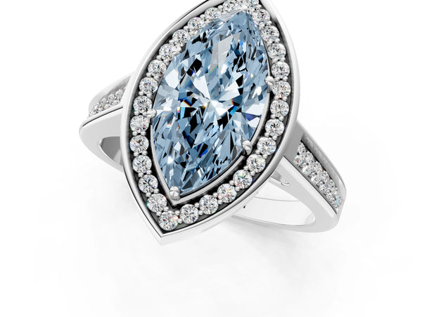White gold Fancy Blue Marquise  Halo Solitaire Diamond Ring with Pave Band and Bezel Setting