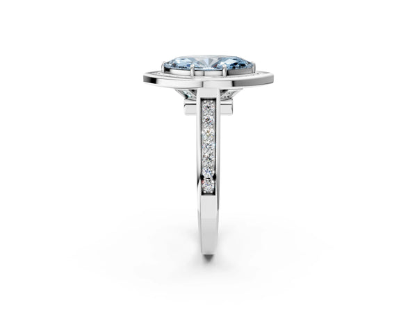 White gold Fancy Blue Marquise  Halo Solitaire Diamond Ring with Pave Band and Bezel Setting