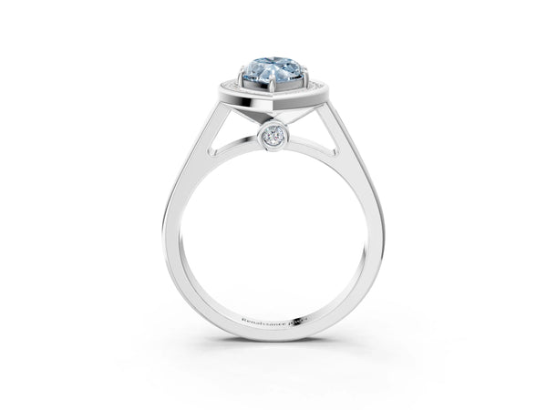 White gold Fancy Blue Marquise  Halo Solitaire Diamond Ring with Pave Band and Bezel Setting