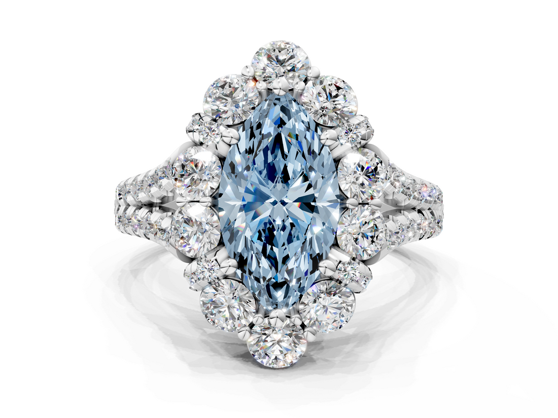 White gold Fancy Blue Marquise  Halo Split Shank Diamond Engagement Ring with Pave Band and Four-Prong Setting_55