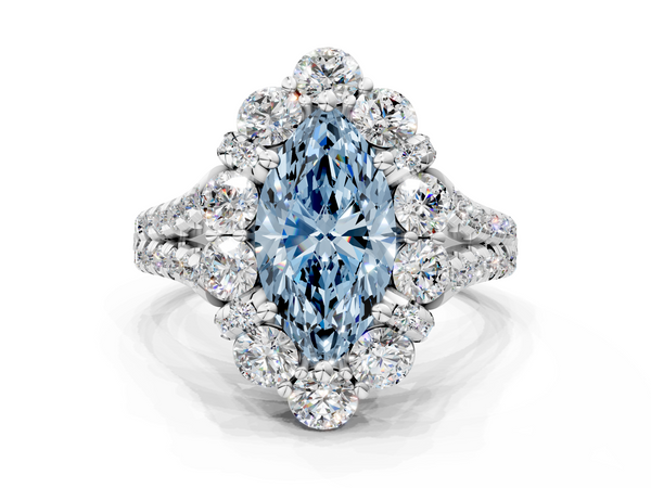 Platinum Fancy Blue Marquise  Halo Split Shank Diamond Engagement Ring with Pave Band and Four-Prong Setting
