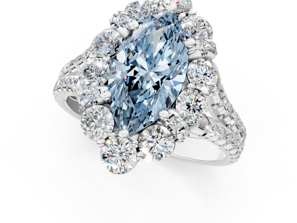 Platinum Fancy Blue Marquise  Halo Split Shank Diamond Engagement Ring with Pave Band and Four-Prong Setting