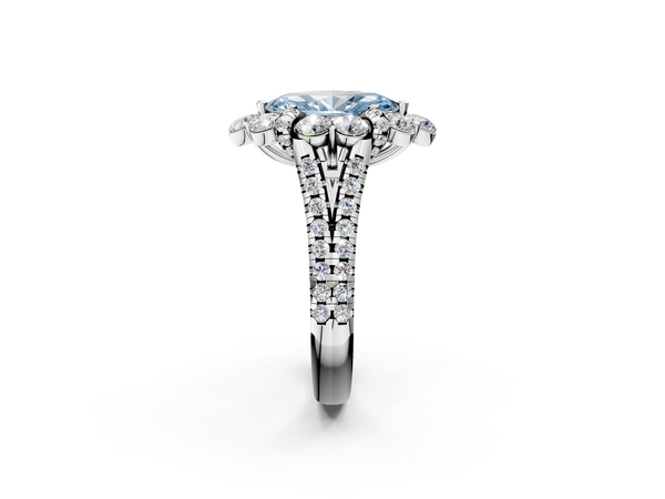 Platinum Fancy Blue Marquise  Halo Split Shank Diamond Engagement Ring with Pave Band and Four-Prong Setting