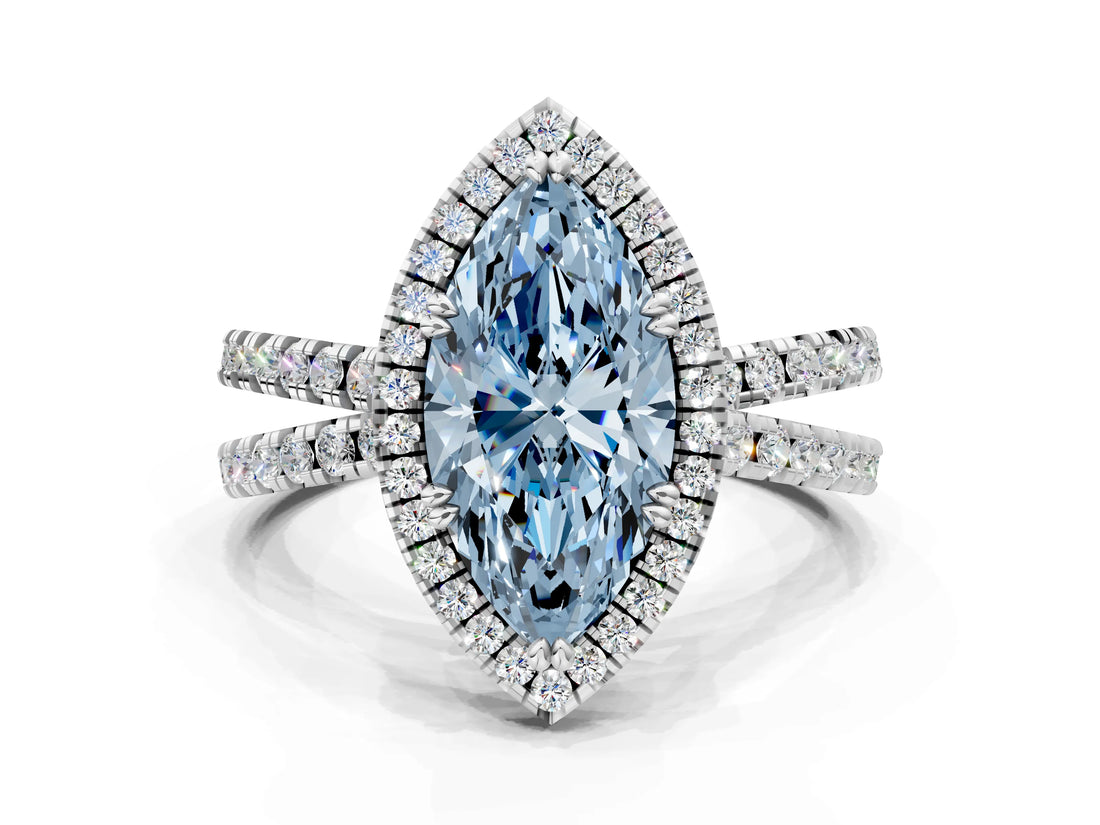 White gold Fancy Blue Marquise  Halo Split Shank Diamond Ring with Pavé Setting_26