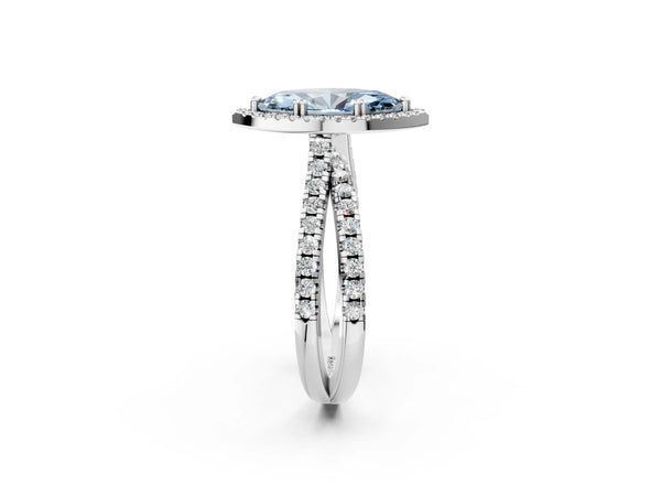 Platinum Fancy Blue Marquise  Halo Split Shank Diamond Ring with Pavé Setting