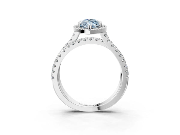 Platinum Fancy Blue Marquise  Halo Split Shank Diamond Ring with Pavé Setting