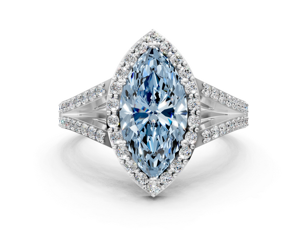 White gold Fancy Blue Marquise  Halo Split Shank Diamond Ring with Prong Setting