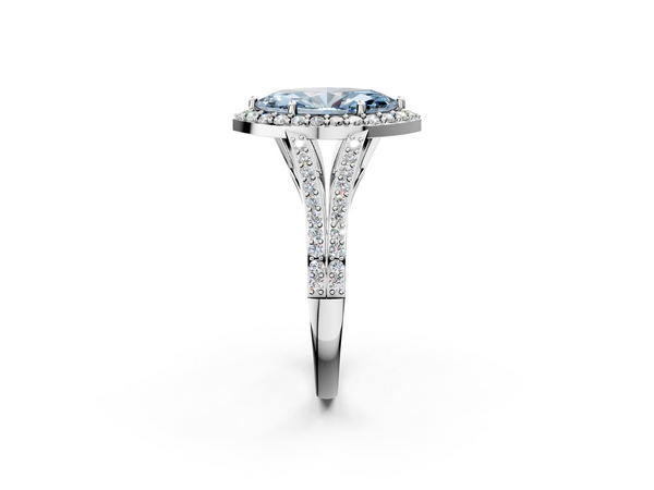 White gold Fancy Blue Marquise  Halo Split Shank Diamond Ring with Prong Setting