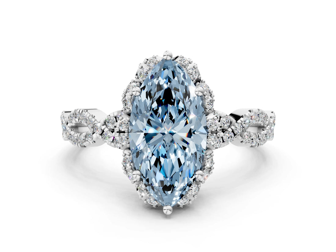 White gold Fancy Blue Marquise  Halo Twist Band Solitaire Ring with Six-Prong Setting_32