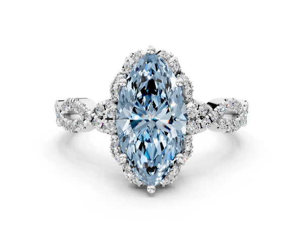 White gold Fancy Blue Marquise  Halo Twist Band Solitaire Ring with Six-Prong Setting