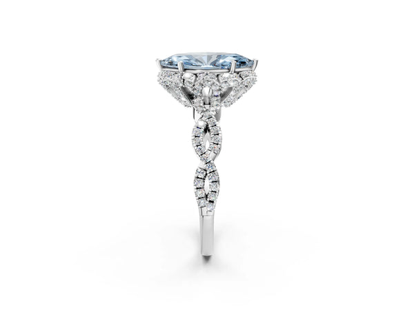 White gold Fancy Blue Marquise  Halo Twist Band Solitaire Ring with Six-Prong Setting