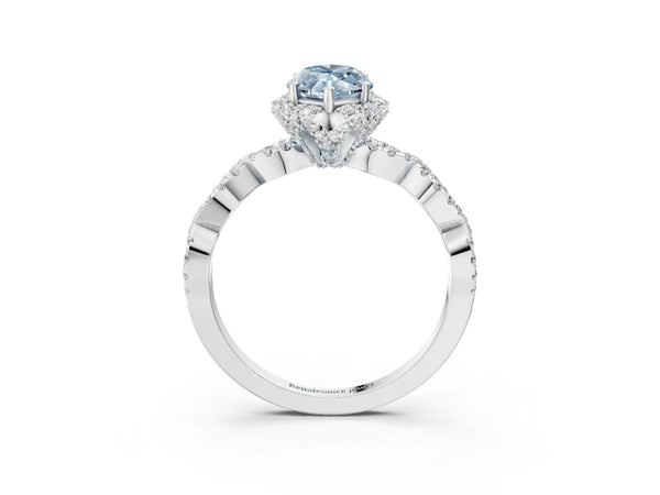 White gold Fancy Blue Marquise  Halo Twist Band Solitaire Ring with Six-Prong Setting