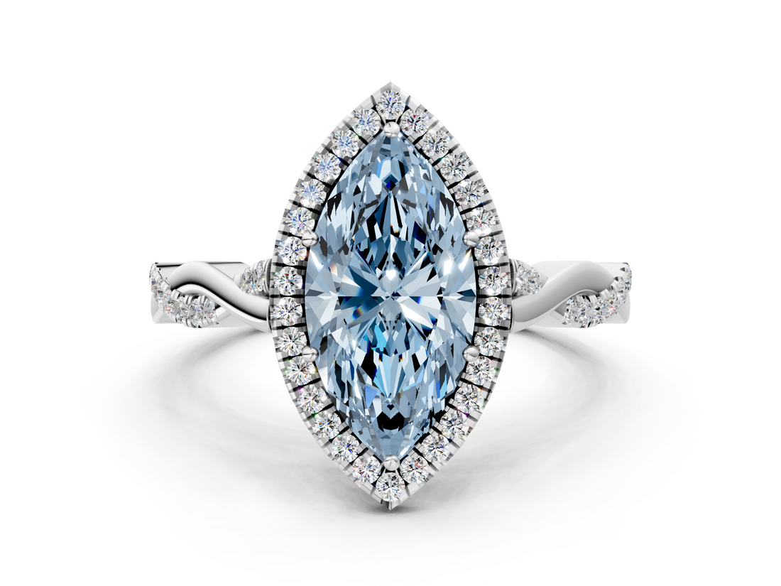 White gold Fancy Blue Marquise  Halo Twist Band Solitaire Ring_20