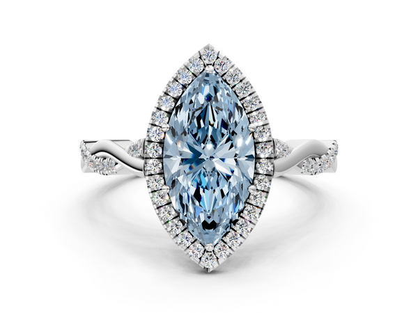 White gold Fancy Blue Marquise  Halo Twist Band Solitaire Ring