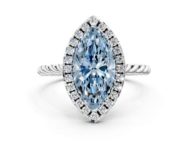 Platinum Fancy Blue Marquise  Halo Twisted Band Four-Prong Diamond Ring