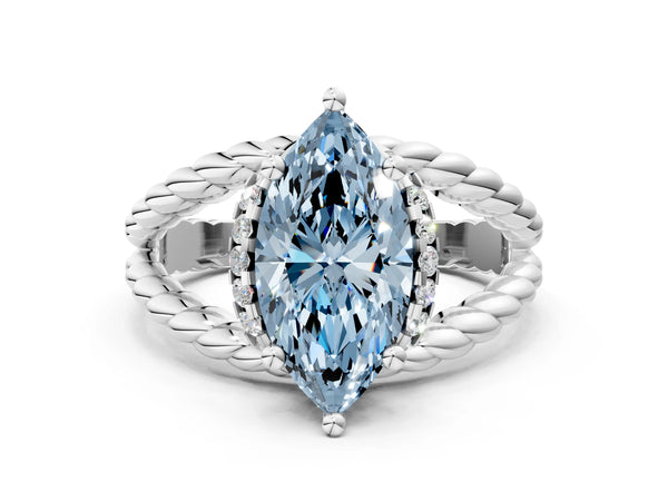 Platinum Fancy Blue Marquise  Halo Twisted Band Four-Prong Ring