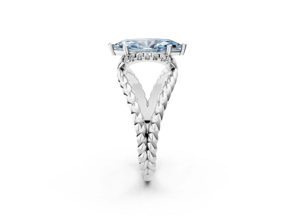 Platinum Fancy Blue Marquise  Halo Twisted Band Four-Prong Ring