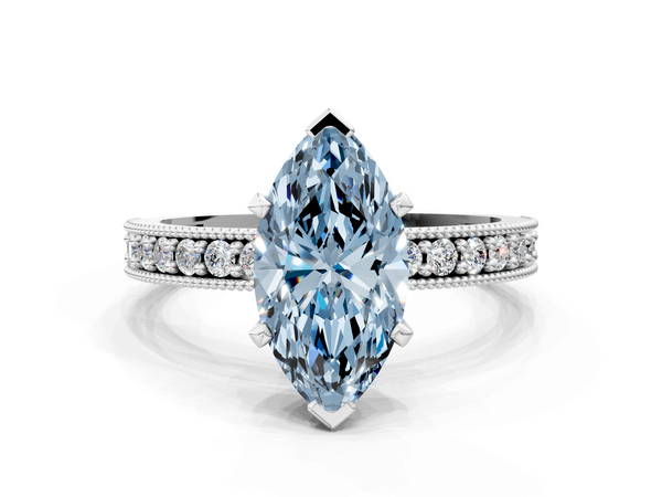 Platinum Fancy Blue Marquise Cut Diamond Milgrain Pavé Engagement Ring with Four-Prong Setting