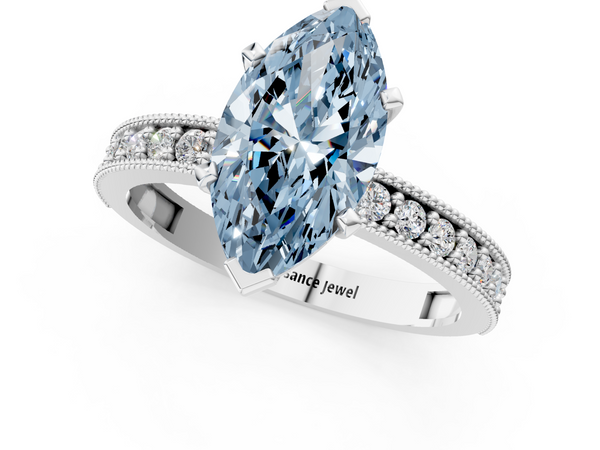 Platinum Fancy Blue Marquise Cut Diamond Milgrain Pavé Engagement Ring with Four-Prong Setting