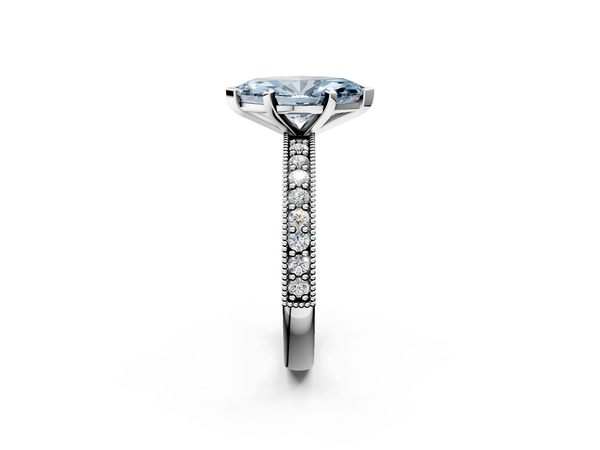 Platinum Fancy Blue Marquise Cut Diamond Milgrain Pavé Engagement Ring with Four-Prong Setting
