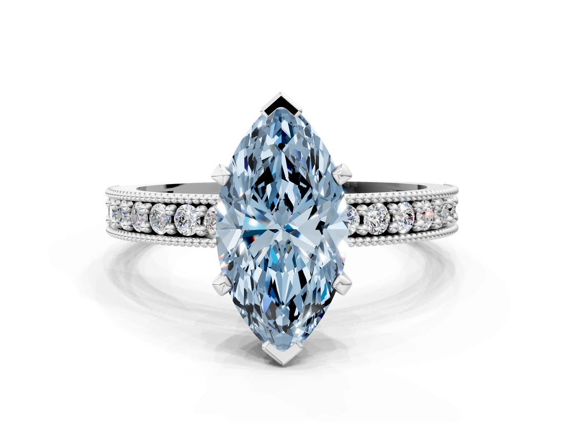 White gold Fancy Blue Marquise  Milgrain Pave Diamond Engagement Ring with Four-Prong Setting_192