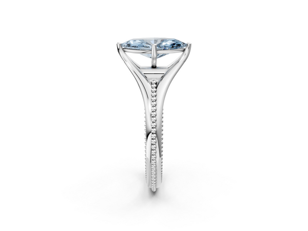 White gold Fancy Blue Marquise  Solitaire Beaded Band Six-Prong Setting