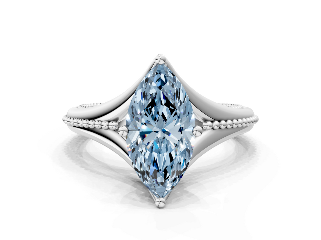 White gold Fancy Blue Marquise  Solitaire Beaded Band Six-Prong Setting