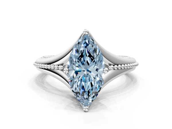 White gold Fancy Blue Marquise  Solitaire Beaded Band Six-Prong Setting