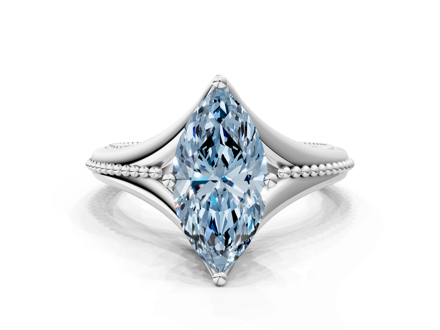 White gold Fancy Blue Marquise  Solitaire Beaded Band Six-Prong Setting