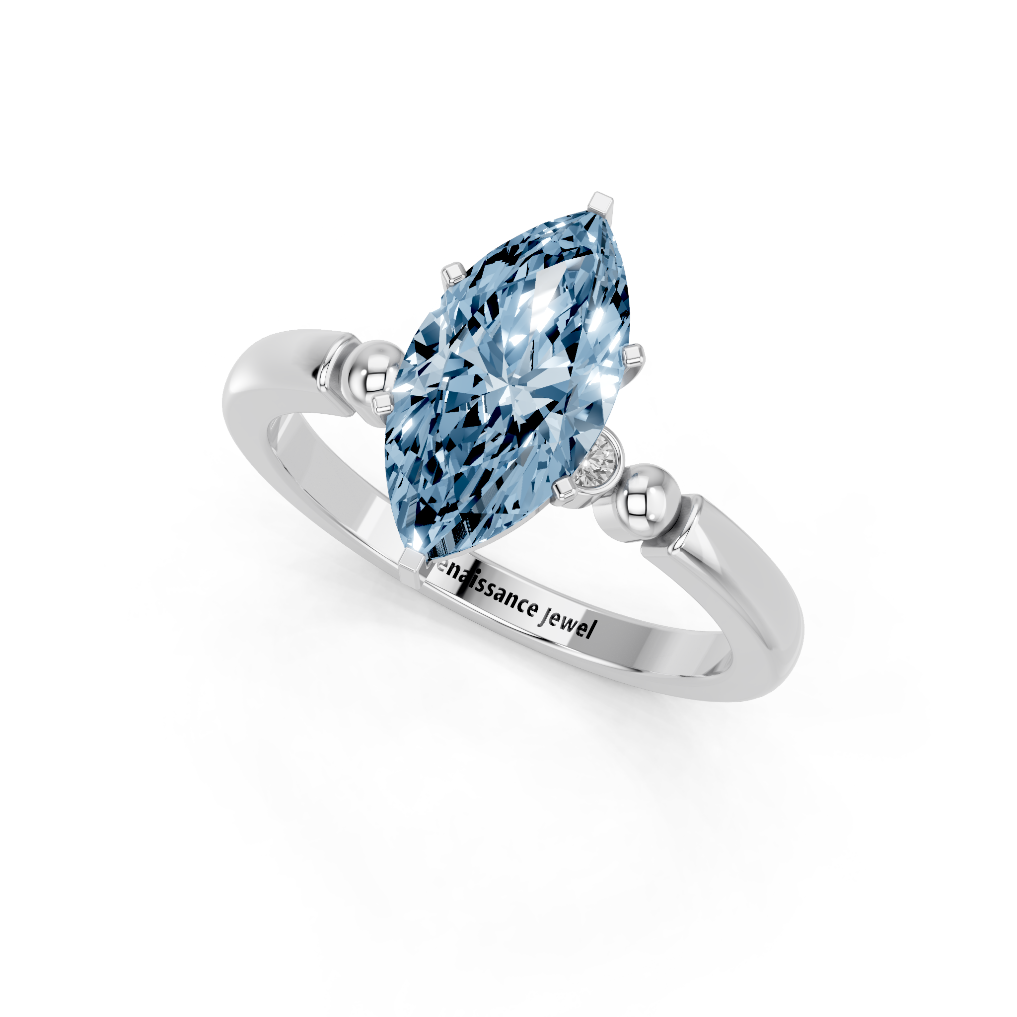 White gold Fancy Blue Marquise  Solitaire Beaded Band with Four-Prong Setting_3