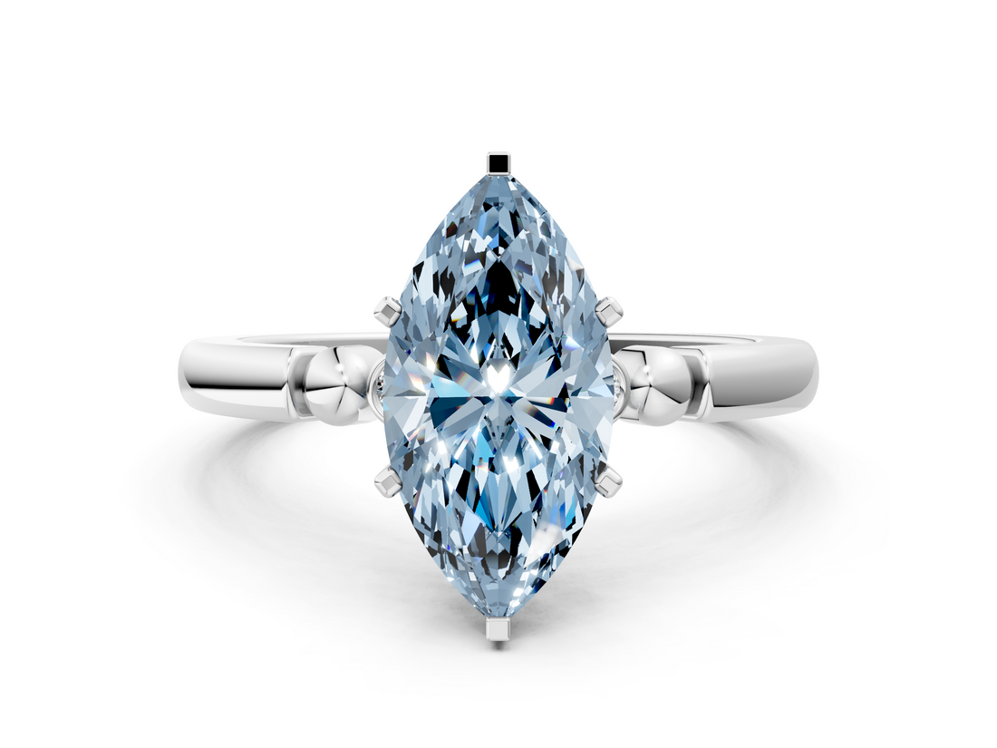 White gold Fancy Blue Marquise  Solitaire Beaded Band with Four-Prong Setting_59